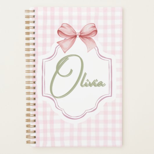 Olivia Personalisiert Pink Bow & Gingham Print Planer (Vorderseite)
