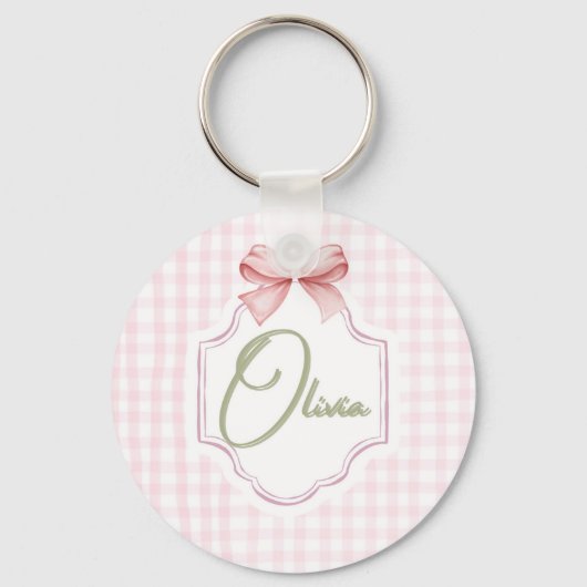 Olivia Personalisiert Pink Bow & Gingham Print Schlüsselanhänger (Vorderseite)