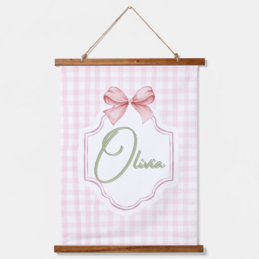 Olivia Personalisiert Pink Bow & Gingham Print Wandteppich Mit Holzrahmen (Vorderseite)