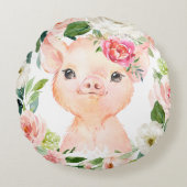 Olivia Pigsley Pig mit Blush Pink Blumenreath Rundes Kissen (Vorderseite)
