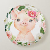 Olivia Pigsley Pig mit Blush Pink Blumenreath Rundes Kissen (Rückseite)