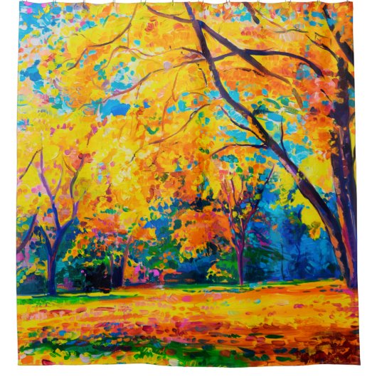 Ölmalerei auf Leinwand. Gelbe Bäume. Moderne Kuns Duschvorhang (Vorderseite)