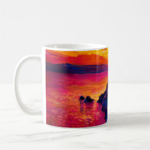 Ölmalerei auf Leinwand. Sonnenuntergang über der Kaffeetasse