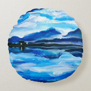 Ölmalerei der Dämmerung auf dem Bergsee. Al Rundes Kissen
