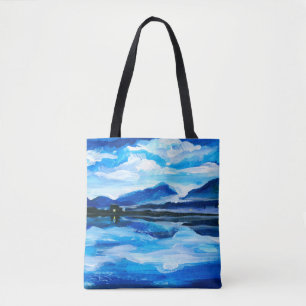 Ölmalerei der Dämmerung auf dem Bergsee. Al Tasche