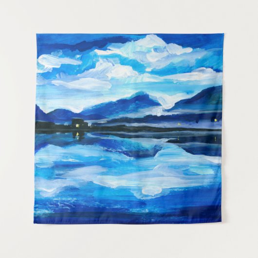 Ölmalerei der Dämmerung auf dem Bergsee. Al Wandteppich (Vorderseite)