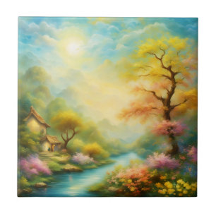 Ölmalerei einer Frühlingslandschaft und eines Baum Fliese