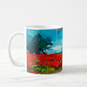 Ölmalerei von Feldern von Blume auf der Leinwand. Kaffeetasse
