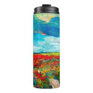 Ölmalerei von Feldern von Blume auf der Leinwand. Thermosbecher