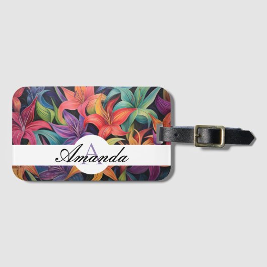 Ölpastel farbiges Lilienmuster Blume Monogrammiert Gepäckanhänger (Vorderseite (Horizontal))