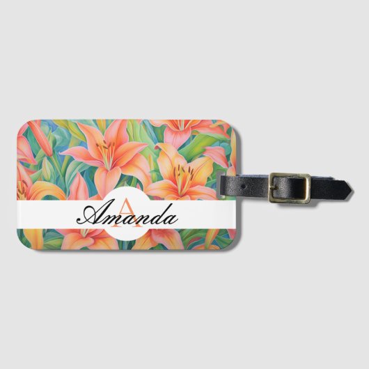 Ölpastel Orange & Green Lily Muster Monogrammiert Gepäckanhänger (Vorderseite (Horizontal))