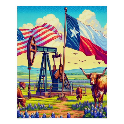 Ölpumpe und einsame Rinder in Texas Poster (Vorderseite)
