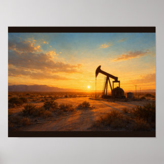 Ölpumpen-Silhouette bei Sonnenuntergang Poster