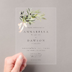 Ölzweig-Aquarell-Elegante Minimalistische Hochzeit Acryleinladungen