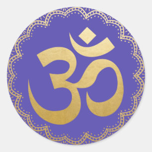 Om HIndu Meditation Symbol Yoga Imitate Gold Viole Runder Aufkleber