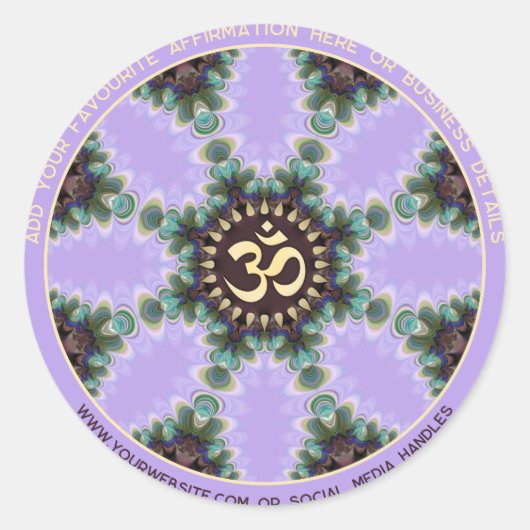 OM Lilac Lila Peacock Feathers with Arched Text Runder Aufkleber (Vorderseite)