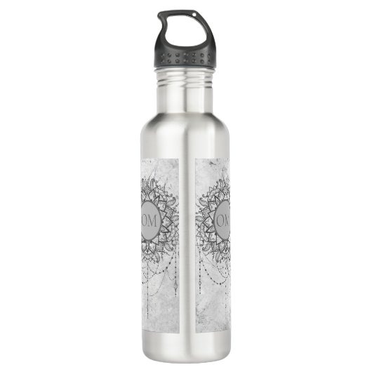 OM Mandala auf Silbermarmor Edelstahlflasche (Rückseite)
