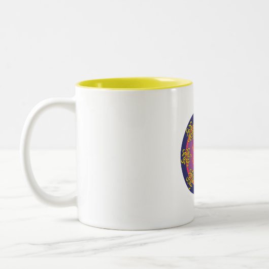 Om Mandala Blue Border Zweifarbige Tasse (Links)