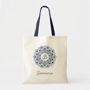 Om Mandala Lotus Name Navyblau Yoga Yogi Dame Eco Tragetasche