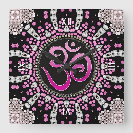 OM Meditation Yoga Pink Diamond Mandala Wall Clock Quadratische Wanduhr (Vorderseite)
