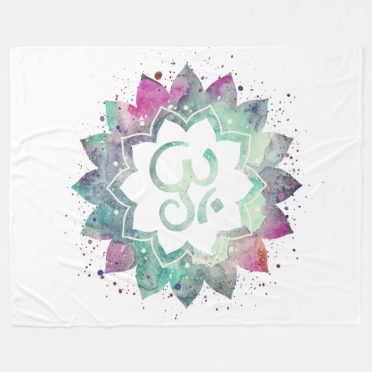 -* OM Symbol Lotus Blume Mandala Weiß Aquamarin Fleecedecke (Vorderseite (Horizontal))