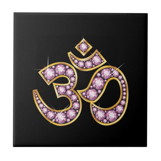 Om-Symbol mit "Rose Quartz"-Steinen Fliese (Vorderseite)