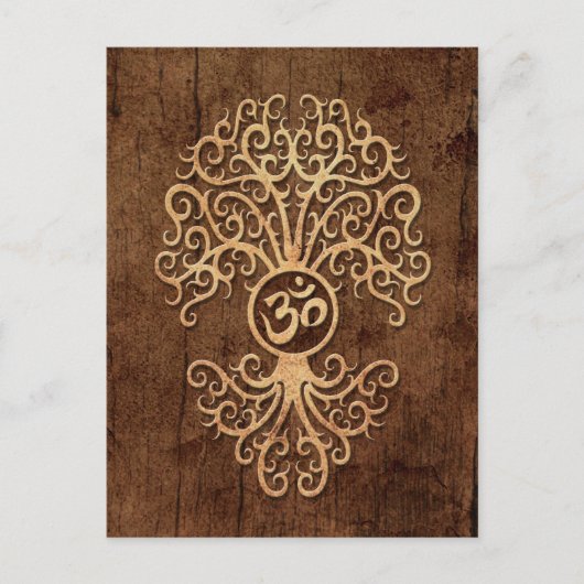 Om Tree mit Holzkörneffekt Postkarte (Vorderseite)