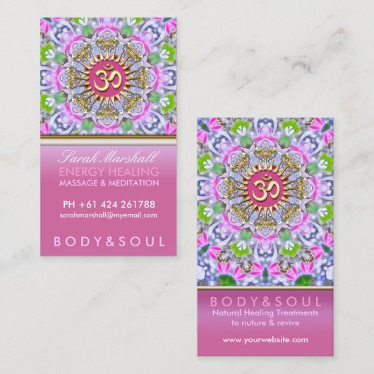 OM Yoga Energy Healing Pink Sparkard Business Card Visitenkarte (Vorne/Hinten)