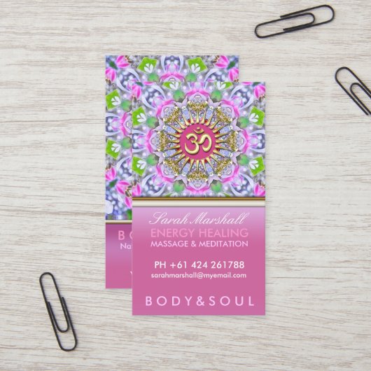 OM Yoga Energy Healing Pink Sparkard Business Card Visitenkarte (Vorderseite/Rückseite Beispiel)
