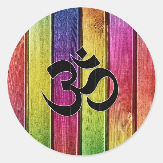 Om-Zeichen auf mehrfarbigem Holz Runder Aufkleber (Vorderseite)