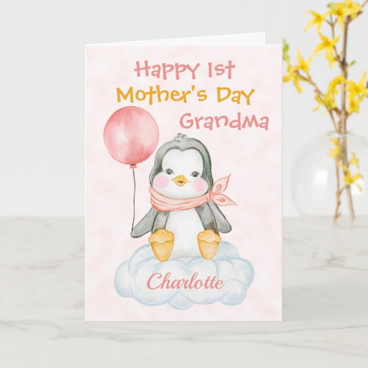 Oma 1. Muttertag Pinguin Pink Karte (Gelbe Blume)