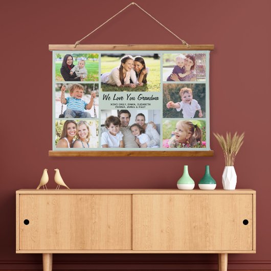 Oma 8 Foto Collage Sage Green Wandteppich Mit Holzrahmen