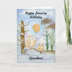 Oma Alles Gute zum Januar-Geburtstag Eulen-Torte Karte