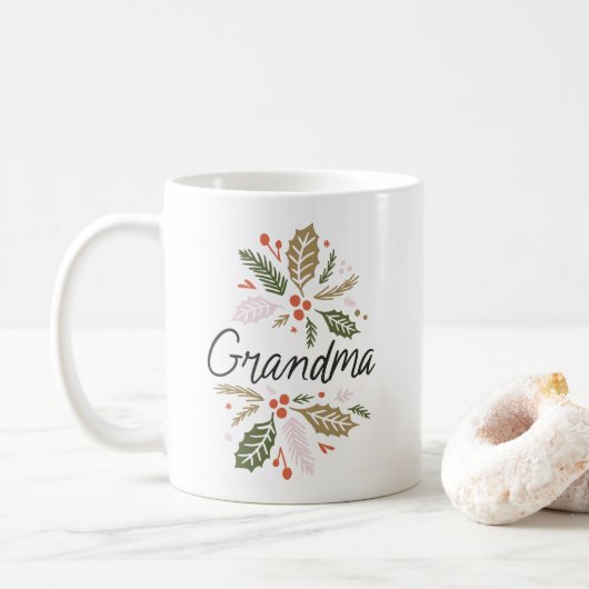 Oma Bright Holly Christmas Black Script Kaffeetasse (Mit Donut)