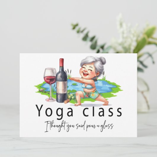 Oma Funny Sprichwort über Yoga und Wein Dankeskarte (Stehend Vorderseite)