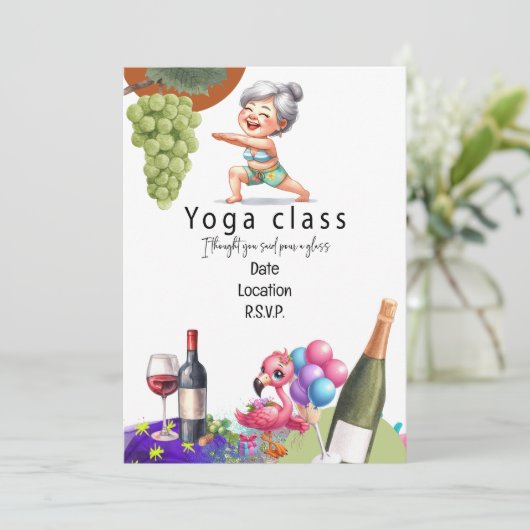 Oma Funny Sprichwort über Yoga und Wein Einladung (Stehend Vorderseite)