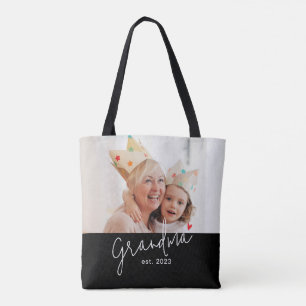 Oma gegründet Schrift Schwarz Foto Tasche