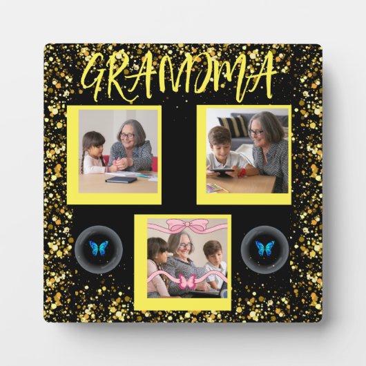 Oma Grandchildren Gold Glitzer FotoCollage Fotoplatte (Vorderseite)