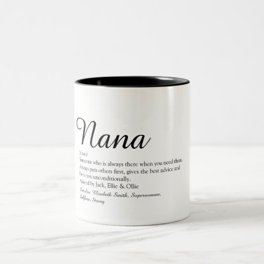 Oma, Granny, Nana Definition Script Zweifarbige Tasse (Mittel)