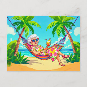 Oma in der Hängematte mit Cocktail-Illustration Feiertagspostkarte