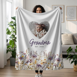 Oma Lila Watercolor Wildblumen & Foto Geschenk Fleecedecke