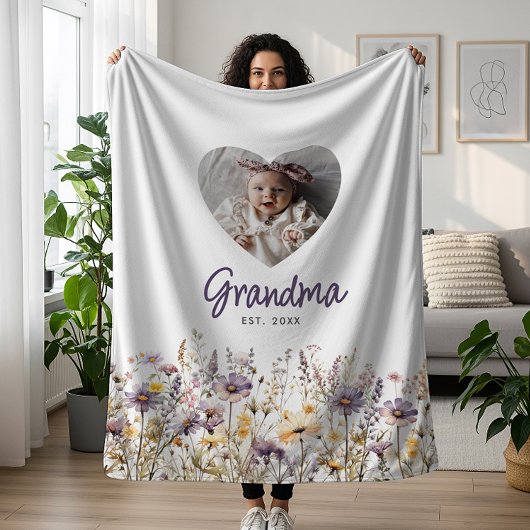 Oma Lila Watercolor Wildblumen & Foto Geschenk Fleecedecke