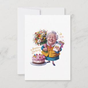 Oma mit Fahrrad, Kuchen und Ballons Dankeskarte