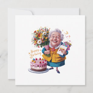Oma mit Fahrrad, Kuchen und Ballons Einladung