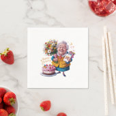 Oma mit Fahrrad, Kuchen und Ballons Serviette (Beispiel)