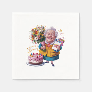 Oma mit Fahrrad, Kuchen und Ballons Serviette