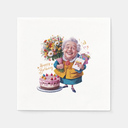 Oma mit Fahrrad, Kuchen und Ballons Serviette (Vorderseite)