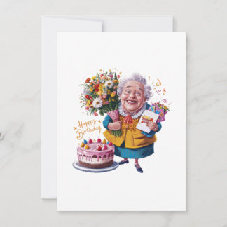 Oma mit Fahrrad, Kuchen und Luftballons Einladung