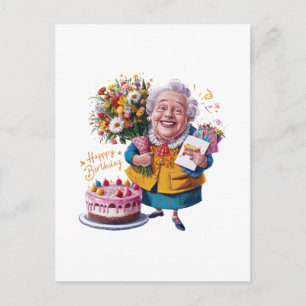 Oma mit Fahrrad, Kuchen und Luftballons Postkarte