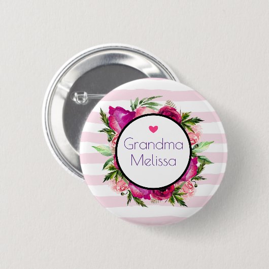 Oma Pink Rose & Poppy Bouquet Button (Vorne & Hinten)